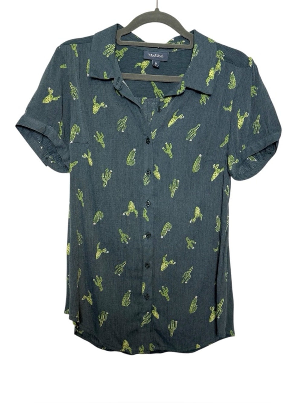 ModCloth Cactus Print Button Down Blouse Green Crinkle Gauze Top M